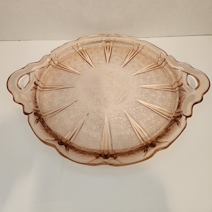 Cherry Blossom Pink Depression Glass Cake Plate - Tray With Handles By Jeanette Glass Company