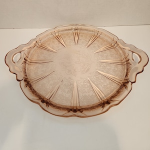 Cherry Blossom Pink Depression Glass Cake Plate - Tray With Handles By Jeanette Glass Company