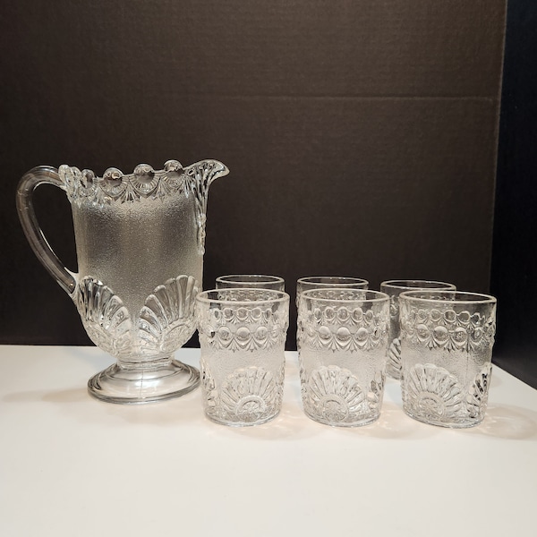 Antique Pitcher With 6 Tumblers Set Clear Glass Westmoreland Shell & Jewel EAPG 1893