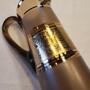 Bohemian Czech Cocktail Pitcher Brown with Gold, Mid Century Barware Vintage Glass Pitcher