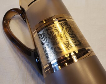 Bohemian Czech Cocktail Pitcher Brown with Gold, Mid Century Barware Vintage Glass Pitcher