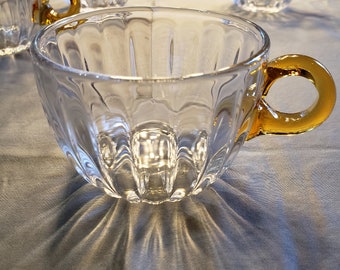 Duncan & Miller Radiance Mid Century Set of 11 Punch Cups Clear Ribbed Glass With Amber Handles