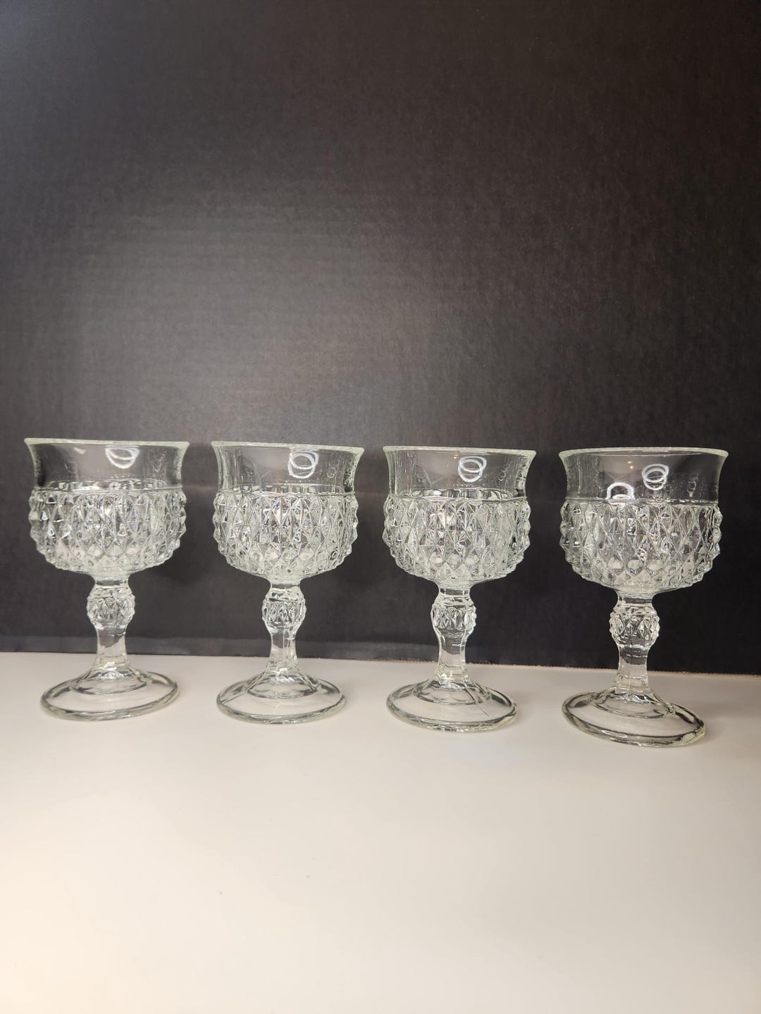 Indiana Glass Diamond Point Pattern Clear Wine Glasses / Goblets- Set ...