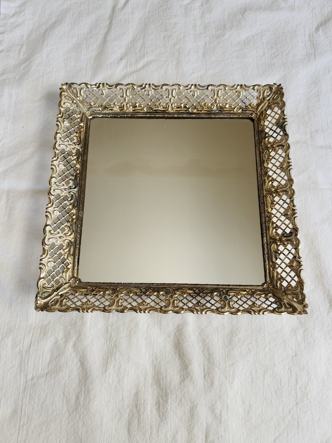 Vintage Mirrored Vanity Tray With Metal Filigree Frame, Square Wall Mirror, Vanity Mirror With