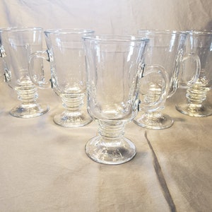 Set of 5 Libby Clear Glass Pedestal Mugs, Irish Coffee/ Cocoa Mugs