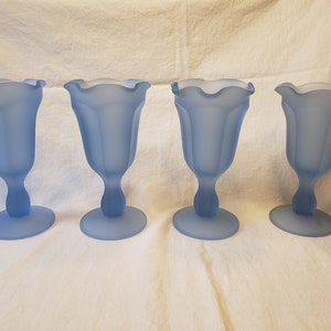 Set of 4 Blue Satin Glass /Frosted Glass Footed  Ice Cream Sundae/Parfait Dishes / Dessert Cups, Indiana Glass