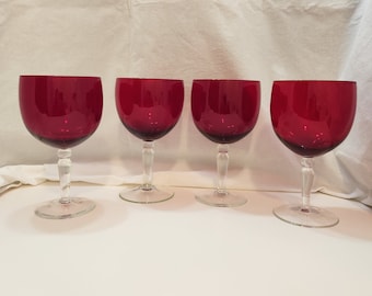 Vintage Ruby Red Crystal Wine Goblets, Clear Stem, Set of 4