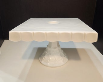 Vintage Indiana Glass Cake Stand, Constellation Pattern, Square Milk Glass Pedestal