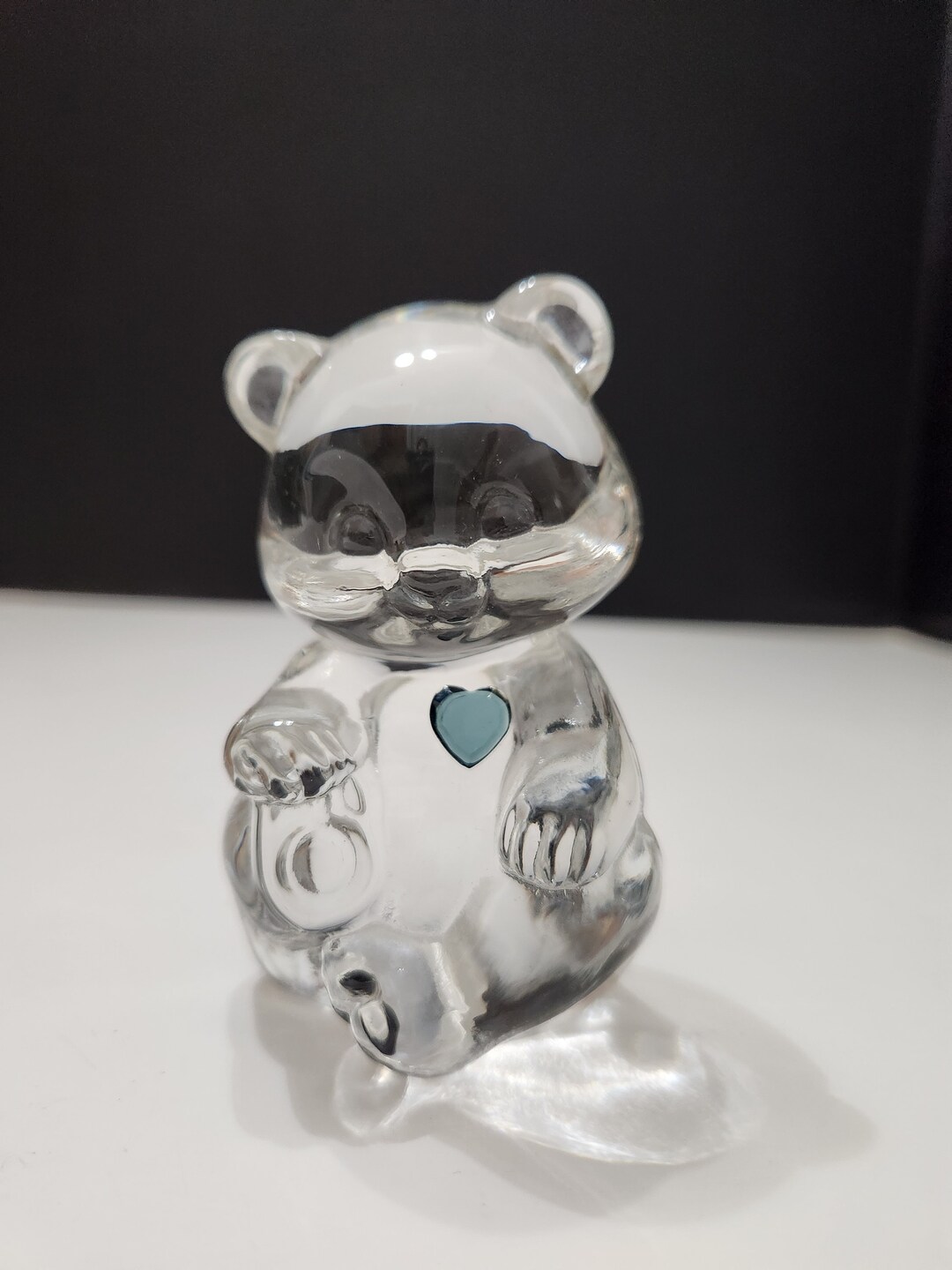 Fenton Art Glass December Birthstone Bear Figure, Blue Ziron Heart