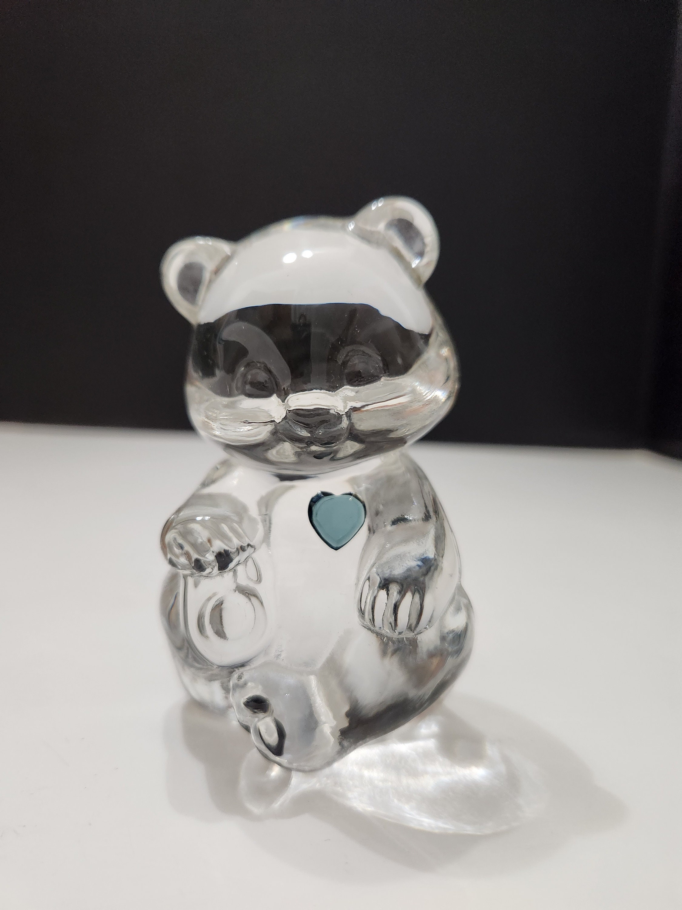 Fenton Art Glass December Birthstone Bear Figure, Blue Ziron Heart