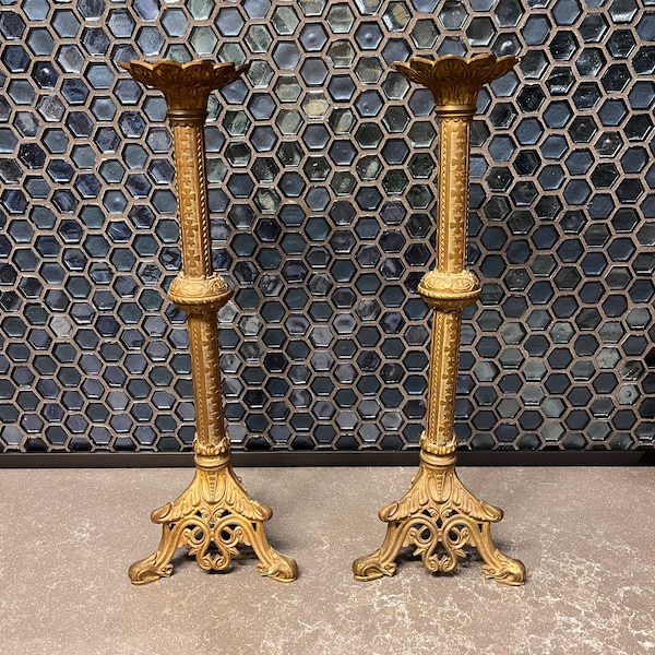 Pair of Large Brass Gothic Style Church Altar Candlesticks