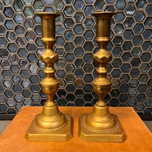 BRASS CANDLESTICKS PAIR PUSH UP BEEHIVE STYLE GREAT ANTIQUE