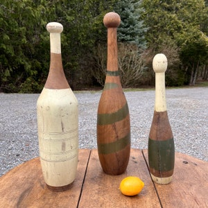 Trio of Early 20th Century Graduating Painted Wood Exercise Pins / Indian Clubs / Juggling Pins, Folk Art, Sporting Decor, Gym