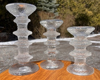 Set of 3 1960s Timo Sarpaneva “Festivo” Candlesticks for Littala, 2 + 3 + 4 Rings, Mid Century Modern Decor, Glass Decor, Table Decor
