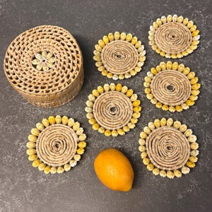 Set of 6 Raffia + Cowrie Shell Coasters, Drinkware, Barware, Bar Cart, Tableware, Table Decor, Dinner Party, Coffee Table Decor, Tiki Bar