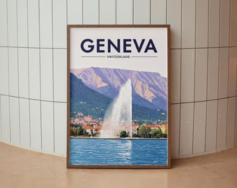Geneva, Switzerland Print | A3 A4 A5 | Lake | Travel | Mountain | City | Wall Art | Poster | Gift