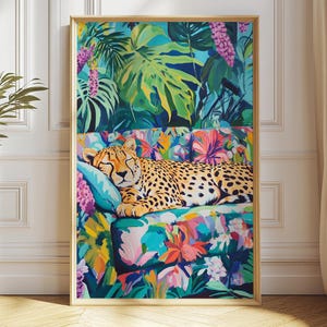 眠っているチーターのウォールアート、マキシマリストのジャングルプリント、トロピカルな動物の装飾、面白い大きな猫のポスター、トレンディなボヘミアンサファリデジタルダウンロード、ヒョウ