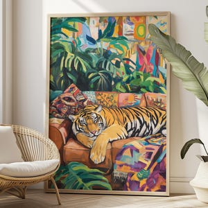 Sleeping Tiger, Relaxing Tiger Jungle Wall Art, Eclectic Home Decor, Colorful Maximalist Animal Print, Cozy Aesthetic Living Room Poster