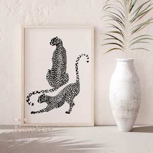 Leopard Wall Art, Cheetah Print, Tiger Illustration, Printable Wall Art, Big Cat Print, Animal Print, Black White Boho Wall Art Download
