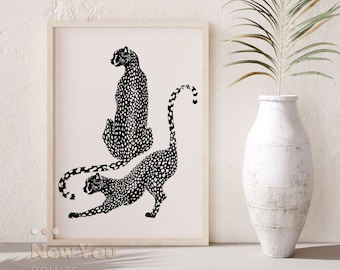 Leopard Wall Art, Cheetah Print, Tiger Illustration, Printable Wall Art, Big Cat Print, Animal Print, Black White Boho Wall Art Download