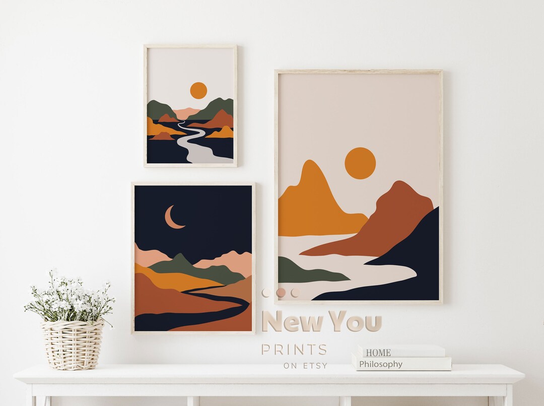 Wall Art Set of 3, Abstract Boho Art Set of 3 Prints, Mid Century Wall ...