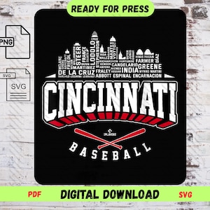 Cincinnati Reds MLBPA Fan Digital File for Cricut & Sublimation | Elly De La Cruz Cincinnati Skyline – Word Art Baseball Design Printable
