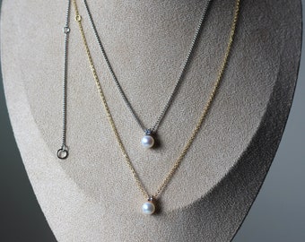 Dainty Freshwater Pearl Necklace with Zirco Diamond, Minimalist Necklace, Bridal Necklace, Wedding Jewelry, Bridesmaid Gift
