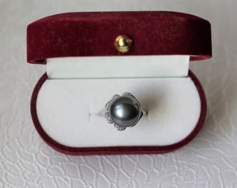 Anillo de perla tahitiana genuina, anillo redondo de perla tahitiana de color natural, anillo ajustable de plata con perla tahitiana de cuatro pétalos