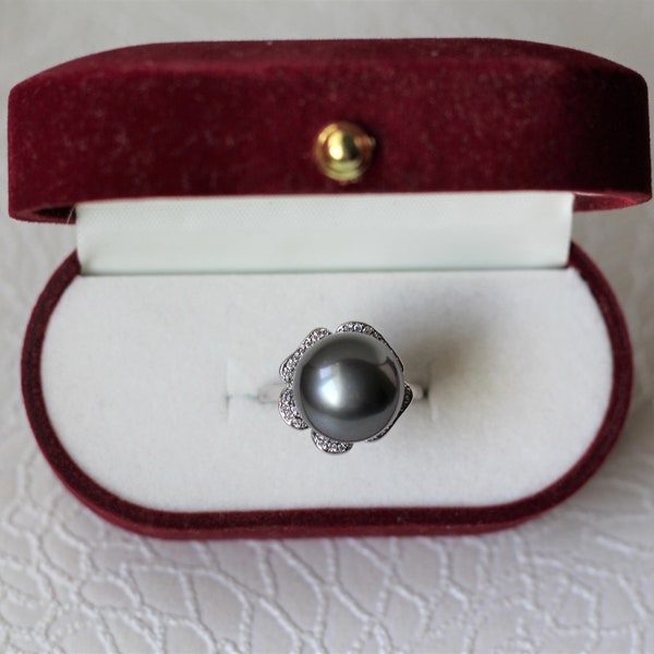 Genuine Tahitian Pearl Ring, Natural Color Round Tahitian Pearl Ring, Four Leaves Petal Tahitian Pearl Silver Adjustable Ring