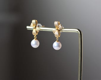 7mm Japanese Akoya Pearl Zircon Stud Earring, Minimalist Zircon Akoya Pearl Silver Stud Earrings, Cute Bow Akoya Pearl Silver Dangle Earring