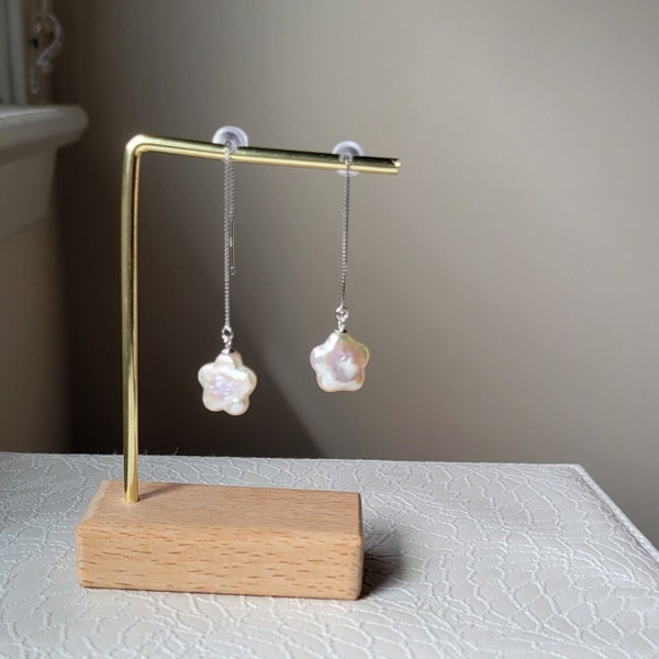 Sterling Silver Star Pearl Earring, Star Shape Adjustable Pearls Threader Earring, Flower Pearls Threader Earrings