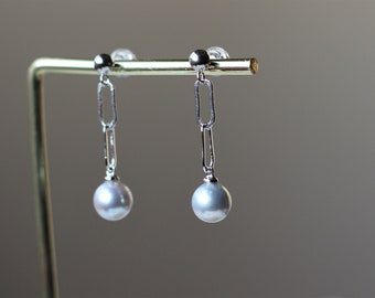 Minimalist 6.8-7.5mm Silver Blue Japanese Akoya Pearl Dangle Drop Earring, S925 Silver Akoya Pearls Dangle Earring