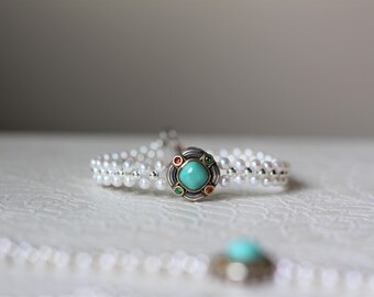Natural Turquoise Pearls Bracelet, Dainty Turquoise Bracelet, Luxury Double layer Turquoise Pearl Bracelet