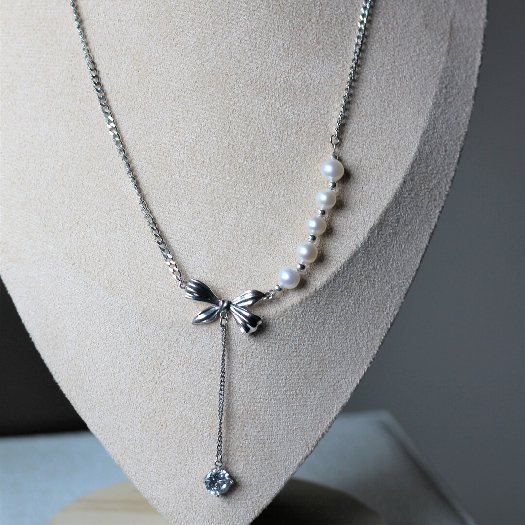 Cute Bow Ribbon Pendant Pearls Chain Necklace S925 Silver Etsy