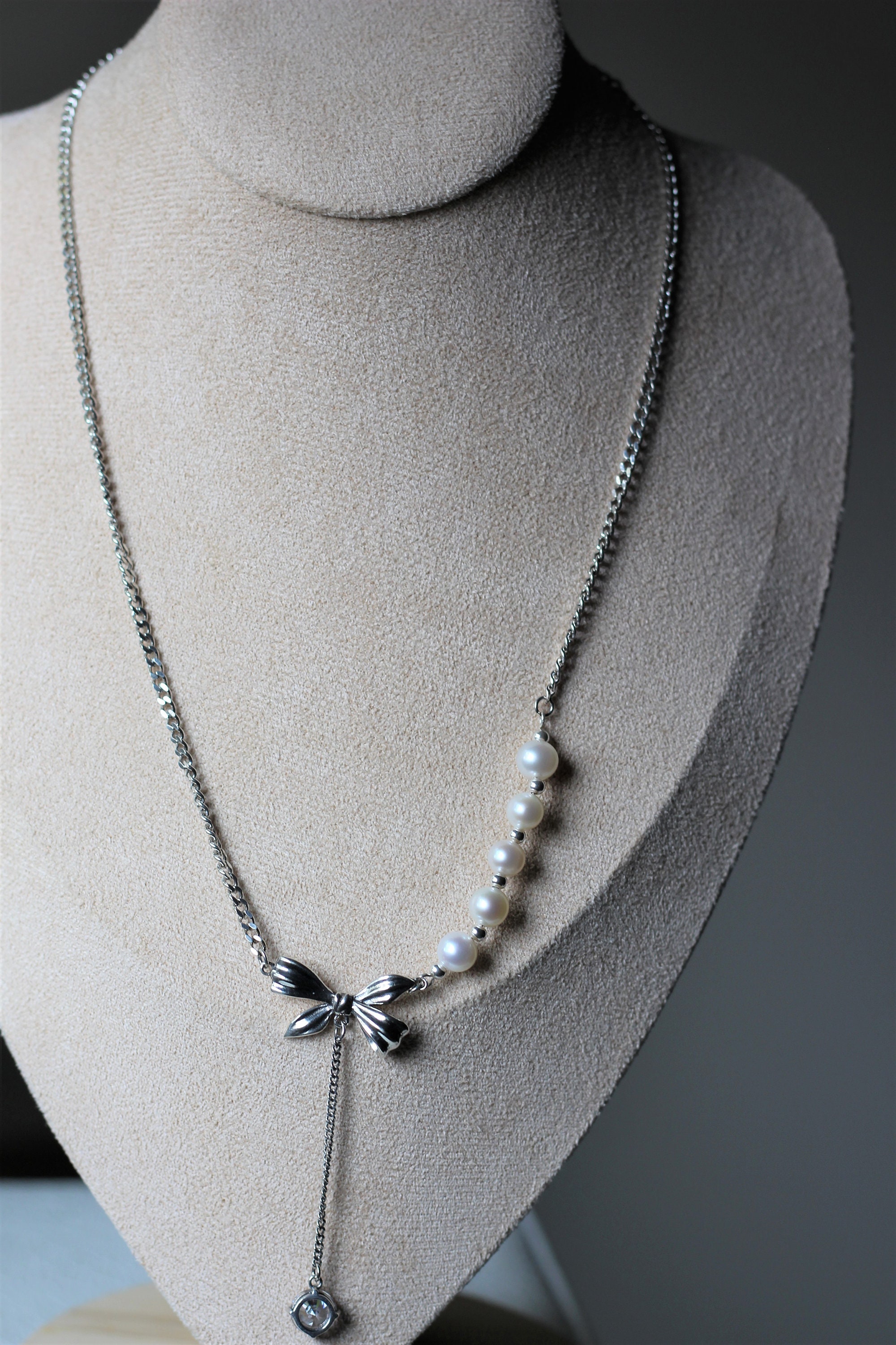 Cute Bow Ribbon Pendant Pearls Chain Necklace S925 Silver Etsy