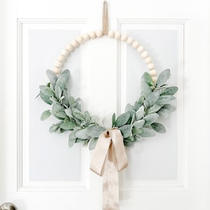 Lambs Ear Beaded Wreath with Long Bow for Modern Farmhouse - Ships Free!