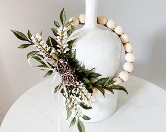 Small Woodsy Wreath - Wood Bead Wreath with Pinecones and Gold Edged Ribbon. Ships Free!