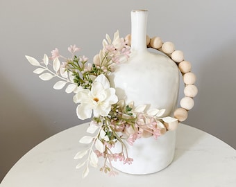 Modern Farmhouse Decor - Small Wood Bead Wreath with Florals - Ships Free!