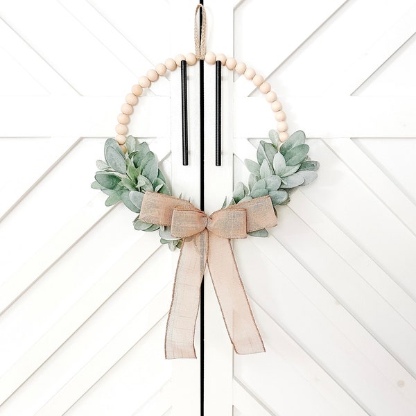 Wood Bead Farmhouse Wreath – Burlap Bow and Lambs Ear Decor