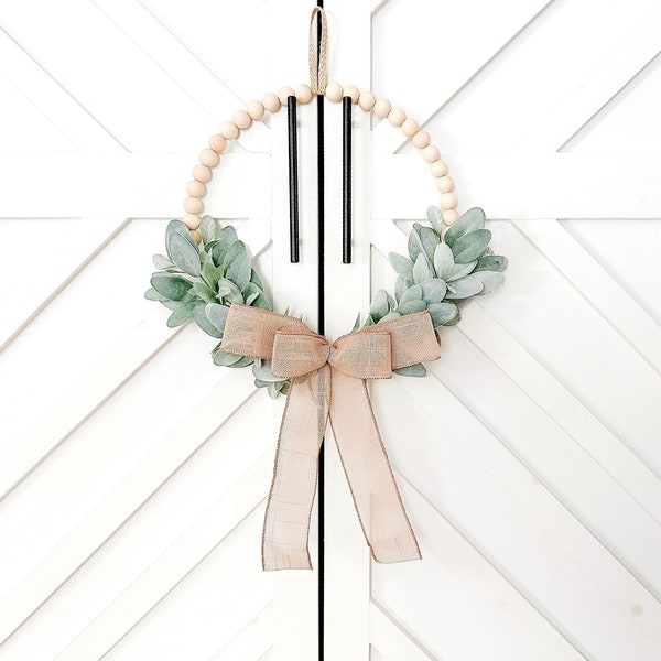 Modern Farmhouse Wreath- Wood Bead Wreath with Long Burlap Bow and Lambs Ear - Ships Free!