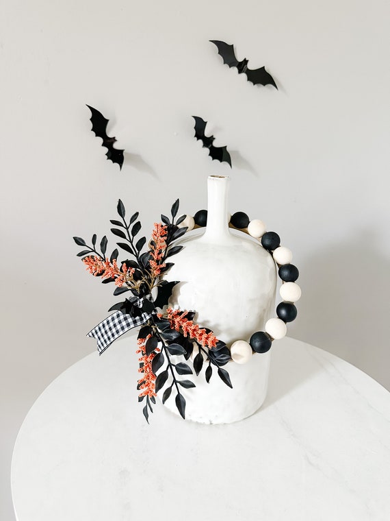 Halloween Home Decor for Fall - Small Wood Bead Wreath with Black Bat. Ships Free!