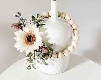 Wood Bead Wreath with Ivory Sunflower - Ships Free!