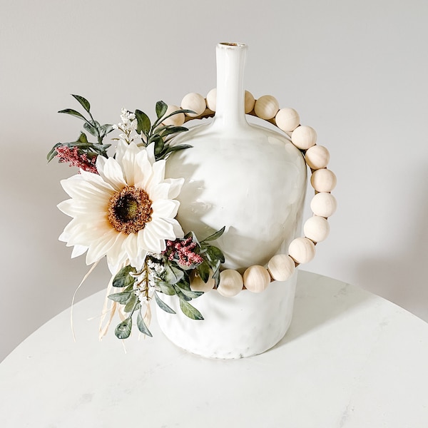 Wood Bead Wreath with Ivory Sunflower - Ships Free!