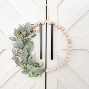 Modern Farmhouse Wreath- Wood Bead Wreath with Lambs Ear and Pink/Green Eucalyptus - Ships Free!