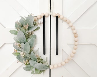 Modern Farmhouse Wreath- Wood Bead Wreath with Lambs Ear and Pink/Green Eucalyptus - Ships Free!