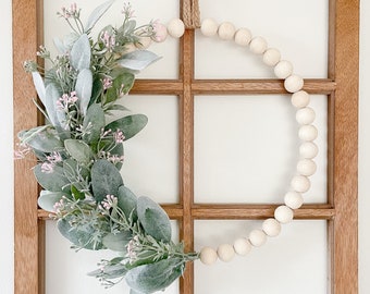 Wood Bead Wreath with Lambs Ear and Pink Fower Buds - Ships Free!