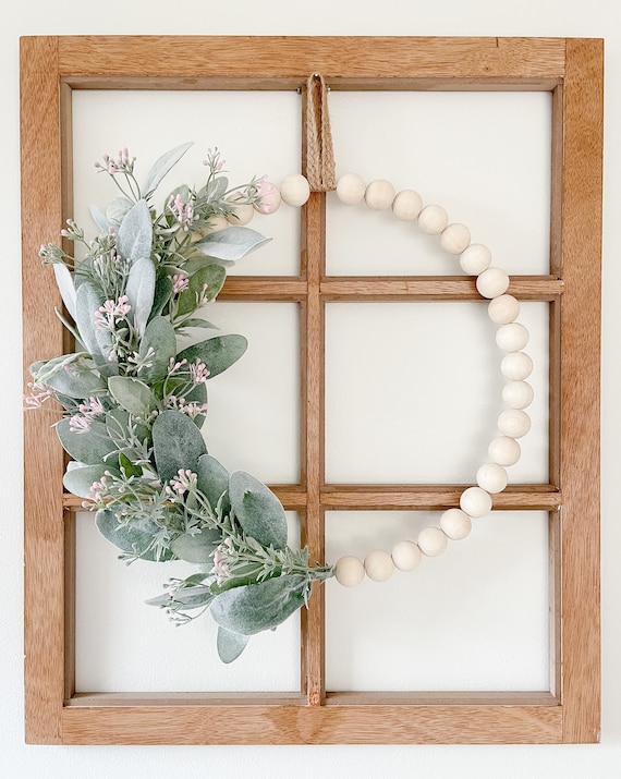 Wood Bead Wreath with Lambs Ear and Pink Fower Buds - Ships Free!