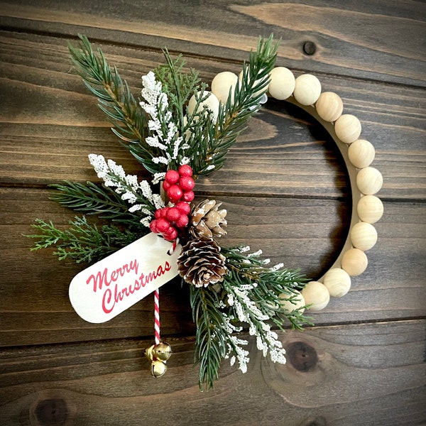 Merry Christmas Wreath - Small Wood Bead Wreath with Pinecone and Red Berries - Ships Free!