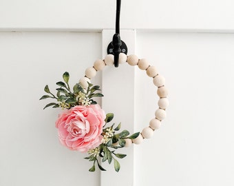 Small Wood Bead Wreath with Pink Flower - Ships Free!