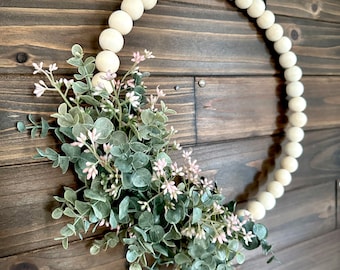 Modern Farmhouse Wreath - Wood Bead Hoop Wreath with Eucalyptus and Pink Florals- Ships Free!